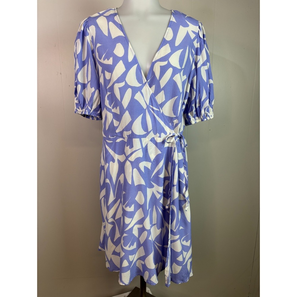 a new day Dress Large Purple White Faux-Wrap Short Sleeve Women's